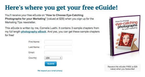 This sign up page has more emphasis on the free eGuide, than on the email newsletter. This makes it a useful landing page for when I'm promoting my eGuide.
