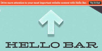 The 'Hello Bar' is the bright horizontal strip across the top: this is an obvious but still subtle way to get users to take action, e.g. sign up to your email list.